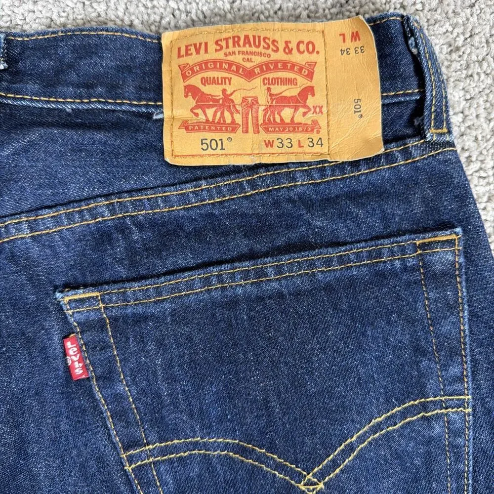 Levis 501 Jeans Men 33x34 Dark Blue Button Fly Denim Straight Leg 00501-0115